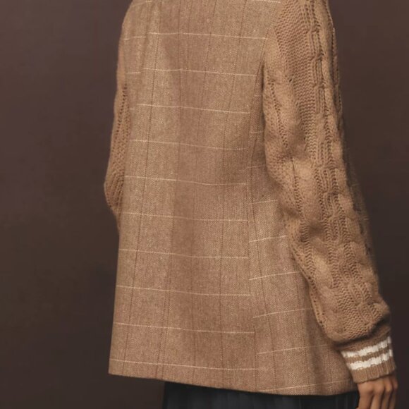 Avec Les Filles Tan Plaid Blazer with Cable Knit Sleeves - Picture 3 of 6